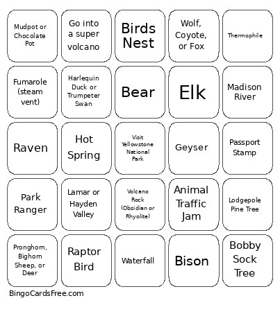 Yellowstone Scavenger Summer Bingo Card