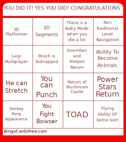 NEXT MARIO GAME Bingo Cards Free Pdf Printable Game, Title: YOU DID IT! YES YOU DID! CONGRATULATIONS