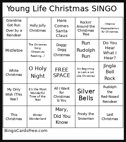 Young Life Christmas SINGO Bingo Card