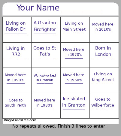 Your Name __________ Bingo Card