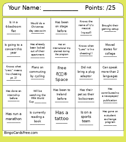 Your Name: ____________ Points: /25 Bingo Card