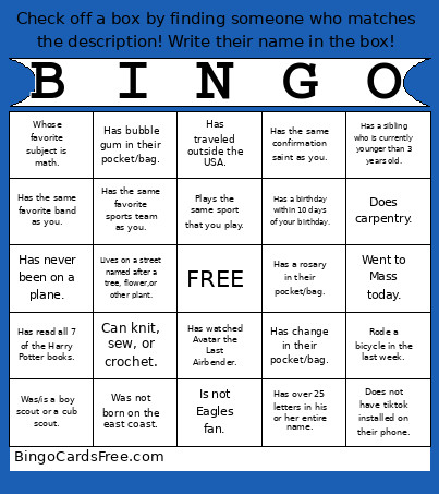 Youth Group Bingo Card