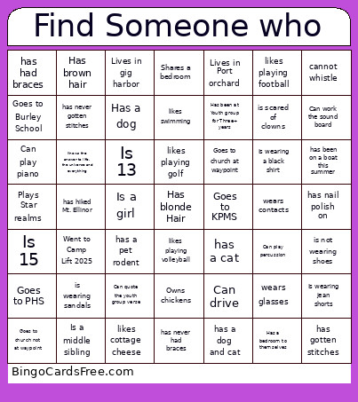 Youth Group Game Bingo Card