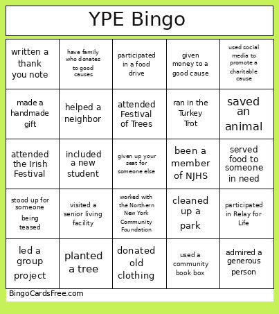 Youth Philanthropy Experience Bingo Card