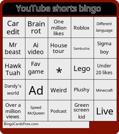 YouTube shorts bingo