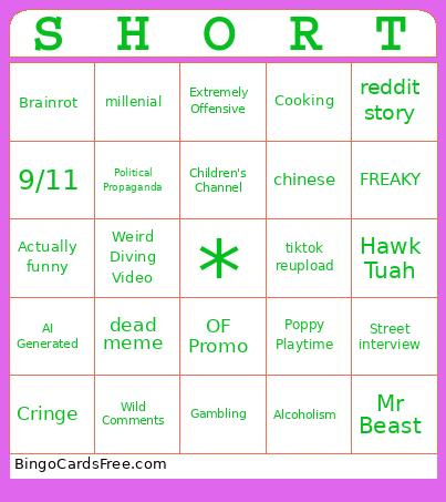 Youtube Shorts Bingo Cards Free Pdf Printable Game, Title: SHORT