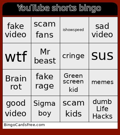 YouTube Shorts Bingo Card