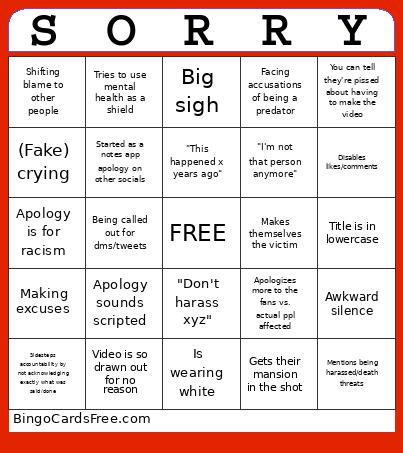 YouTuber Apology Bingo Card