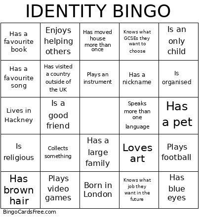 Yr 8 Identity Bingo Card