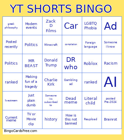 YT SHORTS Bingo Card