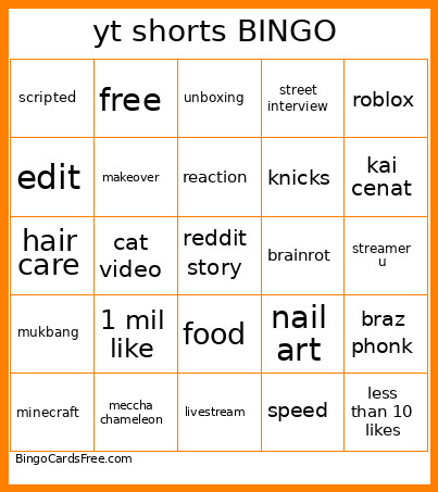 Yt Shorts Bingo Card