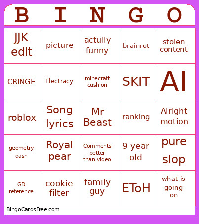 YTshorts Bingo Card