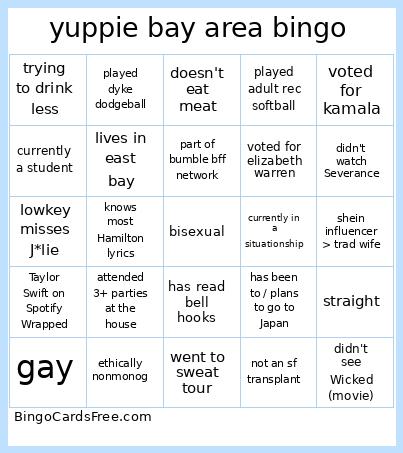 Yuppie Bay Area Bingo Card