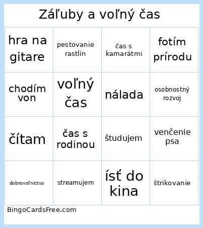 Záľuby a voľný čas Bingo