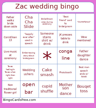 Zac Wedding Bingo Card