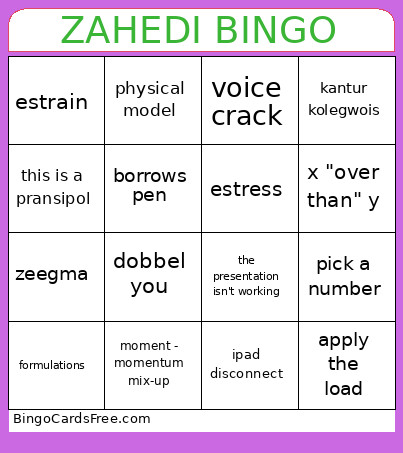 Zahedi Bingo Card