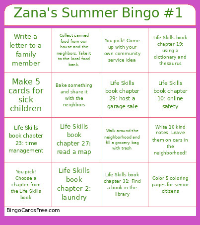 Zana's Summer #1 Bingo Card