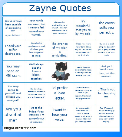 Zayne Quotes Bingo Card