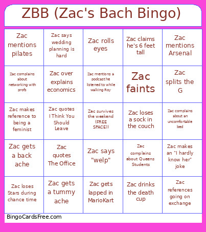 ZBB (Zac's Bach ) Bingo Card