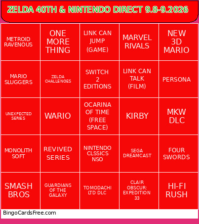 ZELDA 40TH & NINTENDO DIRECT 9.8-9.2026 Bingo Card