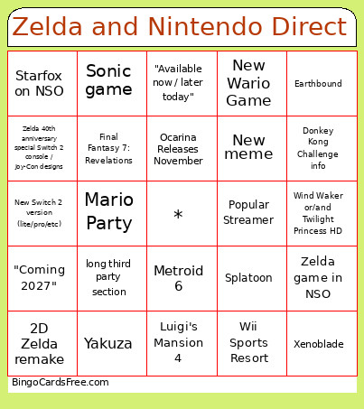 Zelda And Nintendo Direct Bingo Card 2