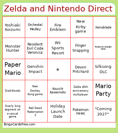 Zelda And Nintendo Direct Bingo Card