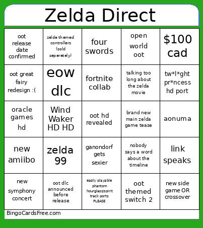Zelda Direct Bingo Card