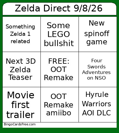 Zelda Direct 9/8/26 Bingo Card