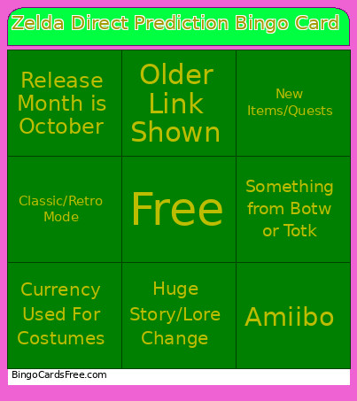 Zelda Direct Prediction Bingo Card