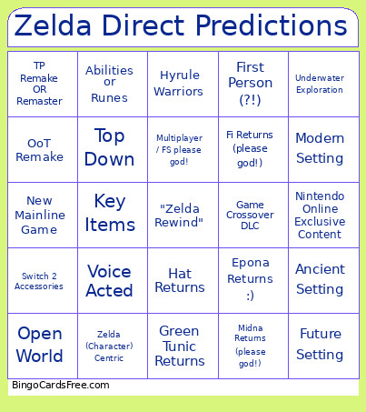 Zelda Direct Predictions Bingo Card
