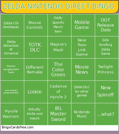 ZELDA NINTENDO DIRECT Bingo Card