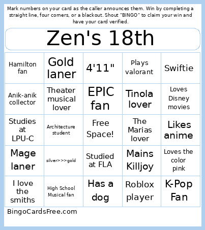 Zen's 18th Bingo Card