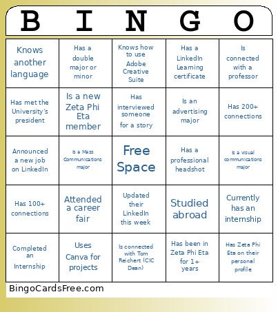 Zeta Phi Eta Bingo Card