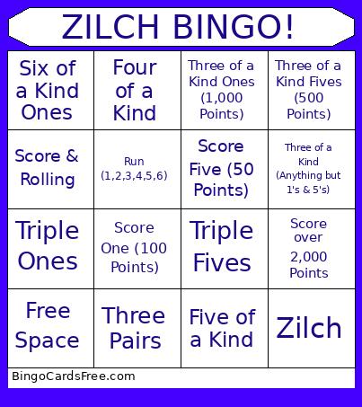 ZILCH ! Bingo Card