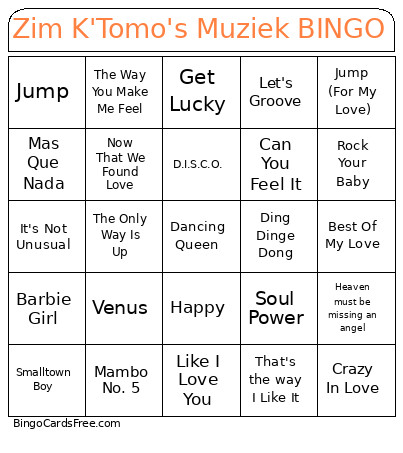 Zim K'Tomo's Muziek Bingo Card