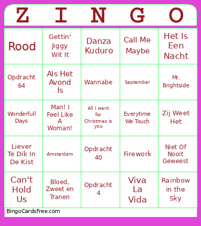ZINGO Bingo Card