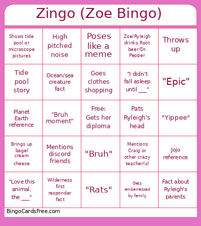 Zingo (Zoe ) Bingo Card