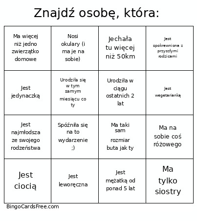 Znajdź Osobę, Która: Bingo Card
