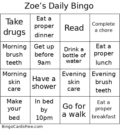 Zoe’s Daily Bingo Card