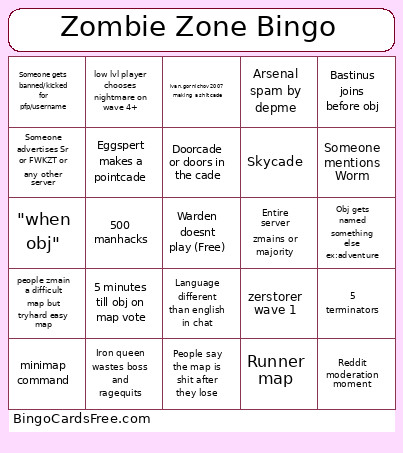 Zombie Zone Bingo Card