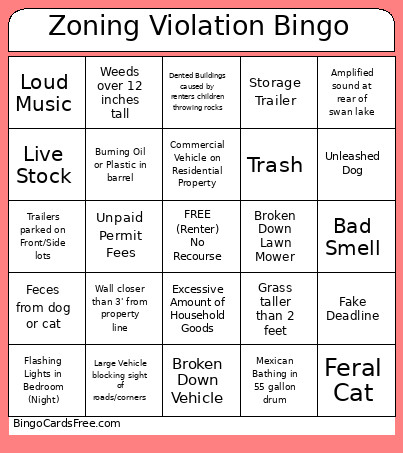 Zoning Violation Bingo Card