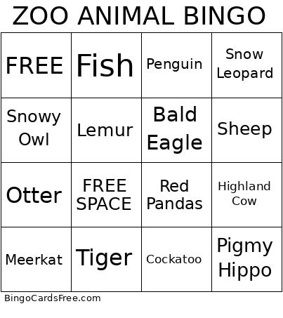 Zoo Animal Bingo Card 5