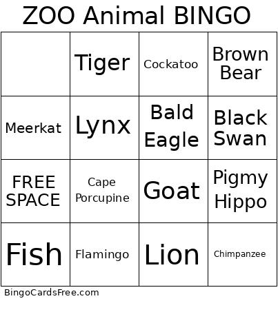 ZOO Animal Bingo Card 4