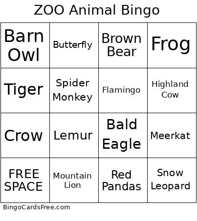 ZOO Animal Bingo Card