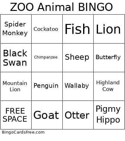 ZOO Animal Bingo Card 2