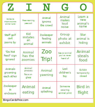 Zoo Bingo Card