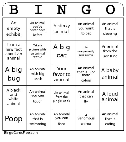 Zoo Bingo Card