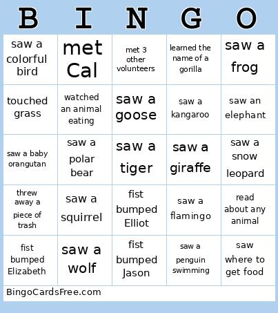 Zoo Bingo Card