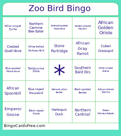 Zoo Bird Bingo Card