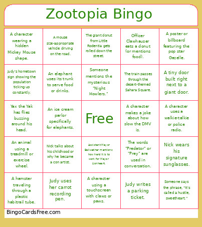 Zootopia Bingo Card